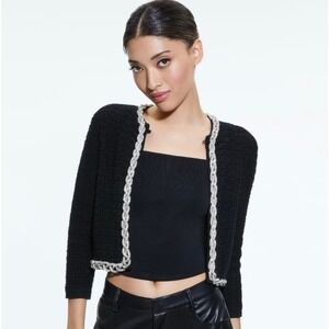 Alice + Olivia Akira Cropped Silver‎ Chain Embellished Cardigan, Textured Knit